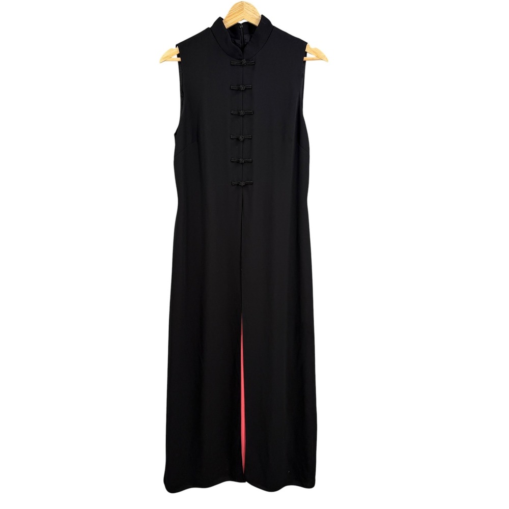 David Warren Black Maxi Dress Pink Contrast Mandarin Collar Size 8 Vintage